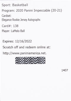 2020-21 Panini Impeccable Elegance Rookie Jersey Autographs #138 LaMelo Ball Redemption Card (#/99)